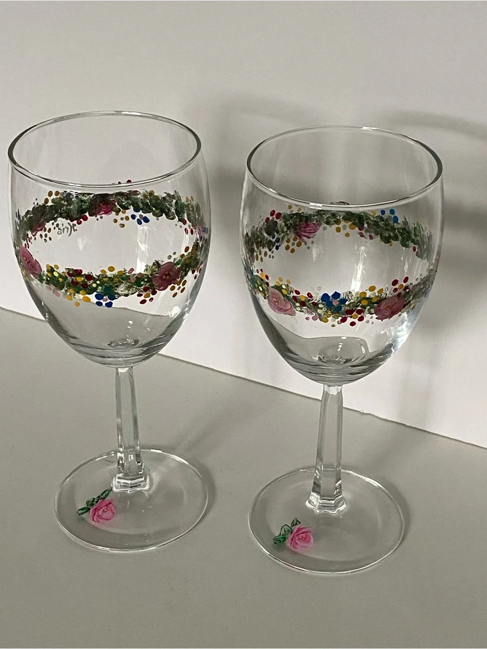 Hand Painted Wine Glasses Set of 2 Floral Flowers Garden Wedding 7” Glass Color